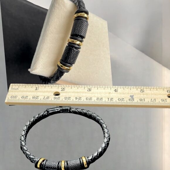 Men’s Leather Bracelet  l Braided Beaded w/ Gold Accent l Magnetic Closure l New - Picture 3 of 8
